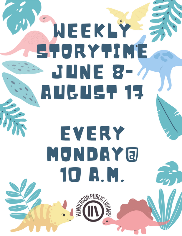 Weekly Storytime flyer with dinosaurs and leaves for Henderson Public Library.